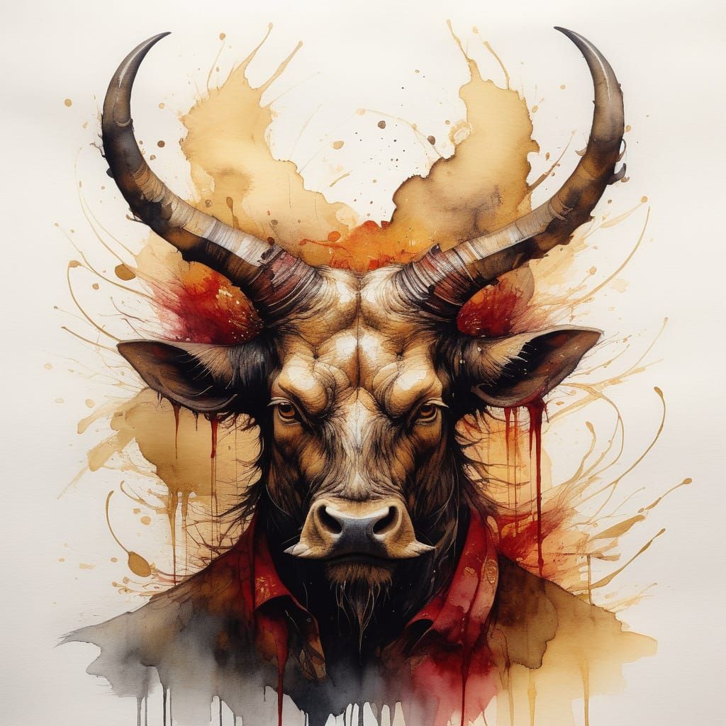 Surreal Mystical Figure Wears Horns in Expressive Ink on Tex...