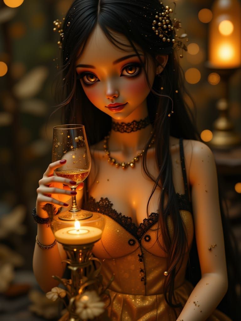 Blythe Doll in Gold Satin Raises Whiskey Glass