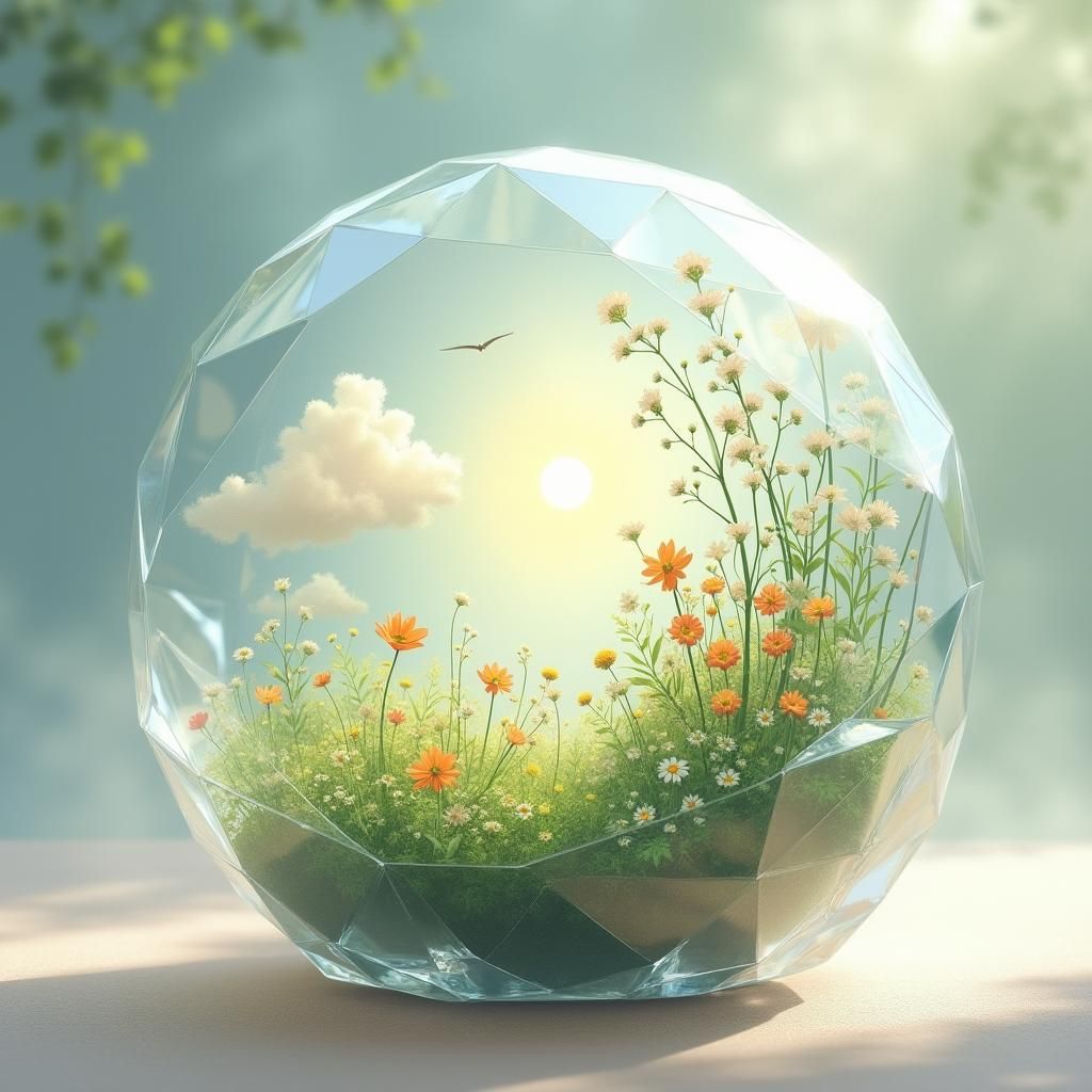 Crystal Sphere: June's Ethereal Landscape in Watercolor Styl...