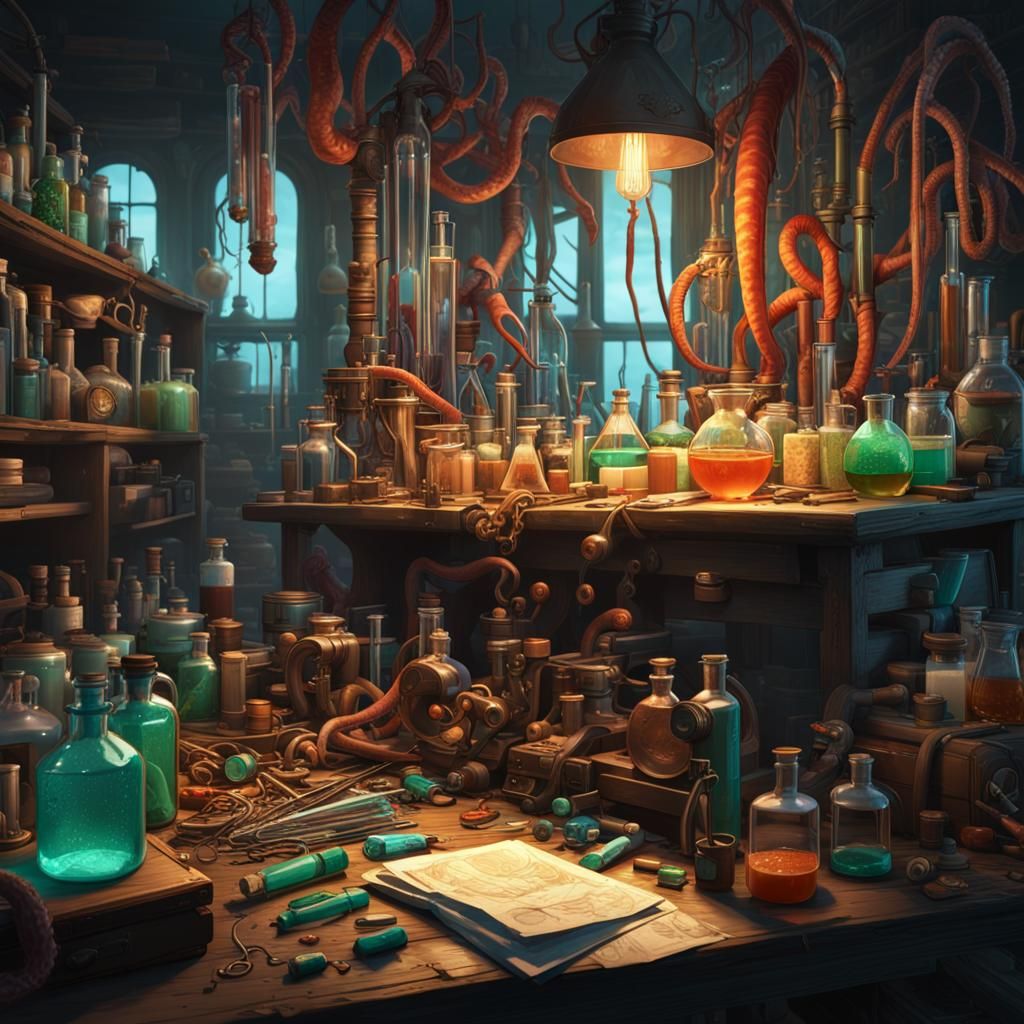 Cluttered Lab with Squid Tentacle, Digital Art