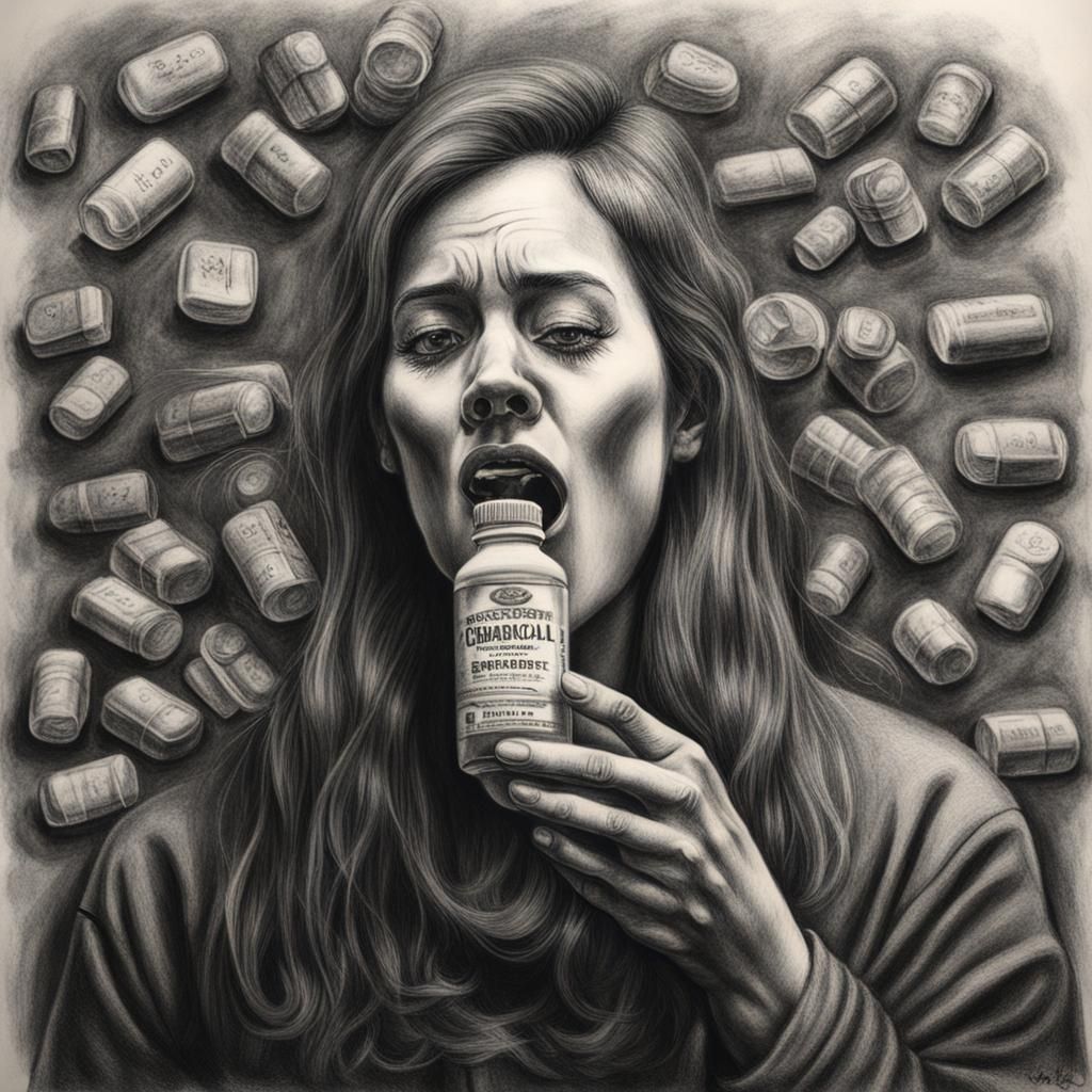 Surreal Charcoal Drawing: Woman with Pills