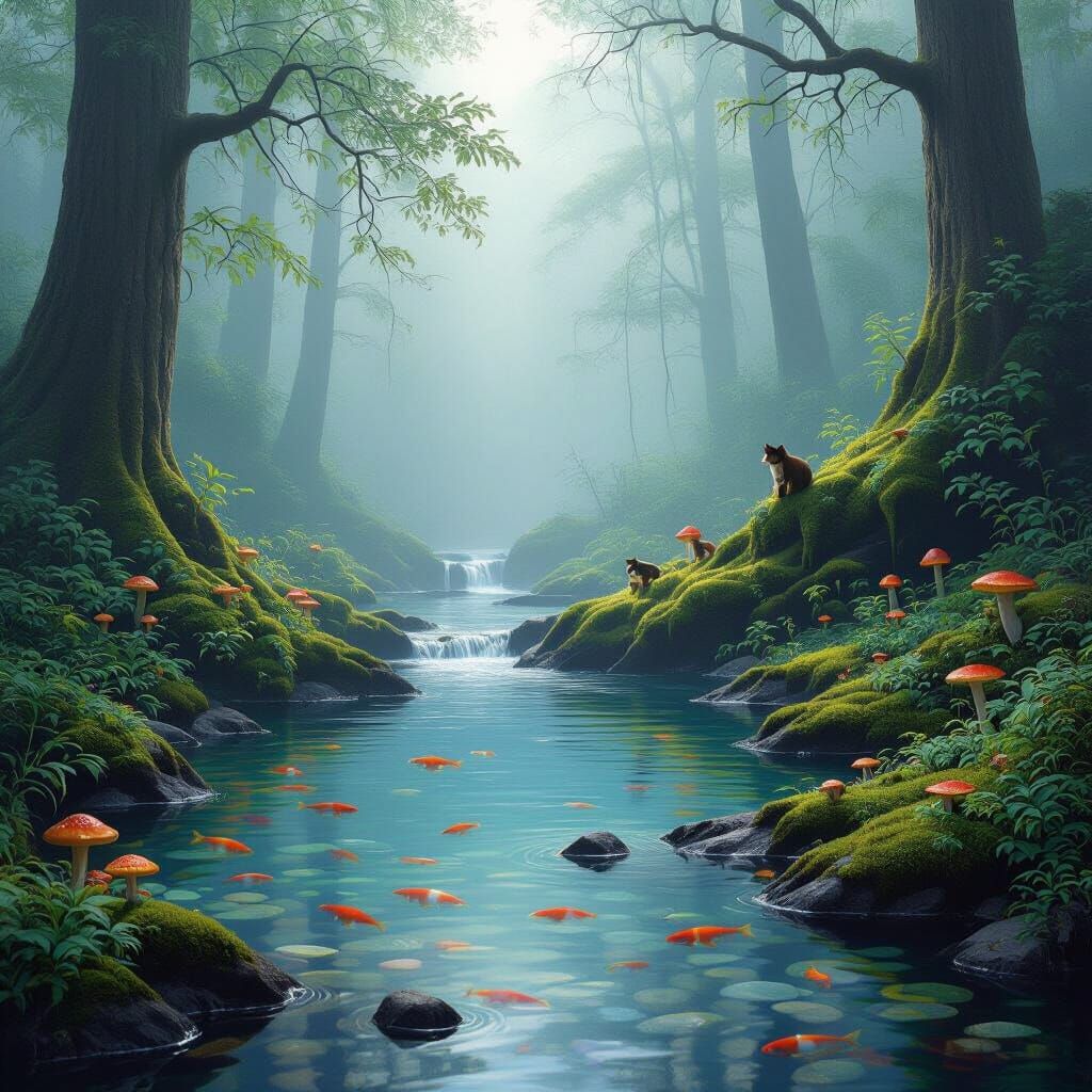 Ethereal Forest Scene with Wildlife and Waterfall