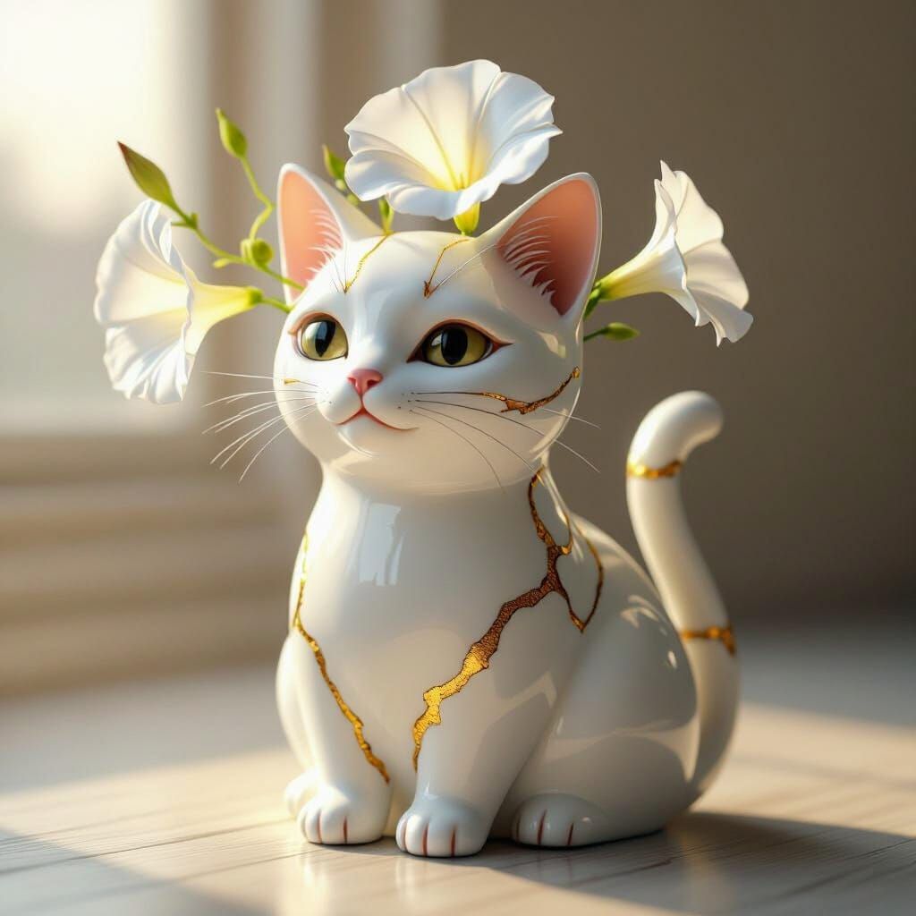 Golden Repaired Porcelain Cat with Morning Glories