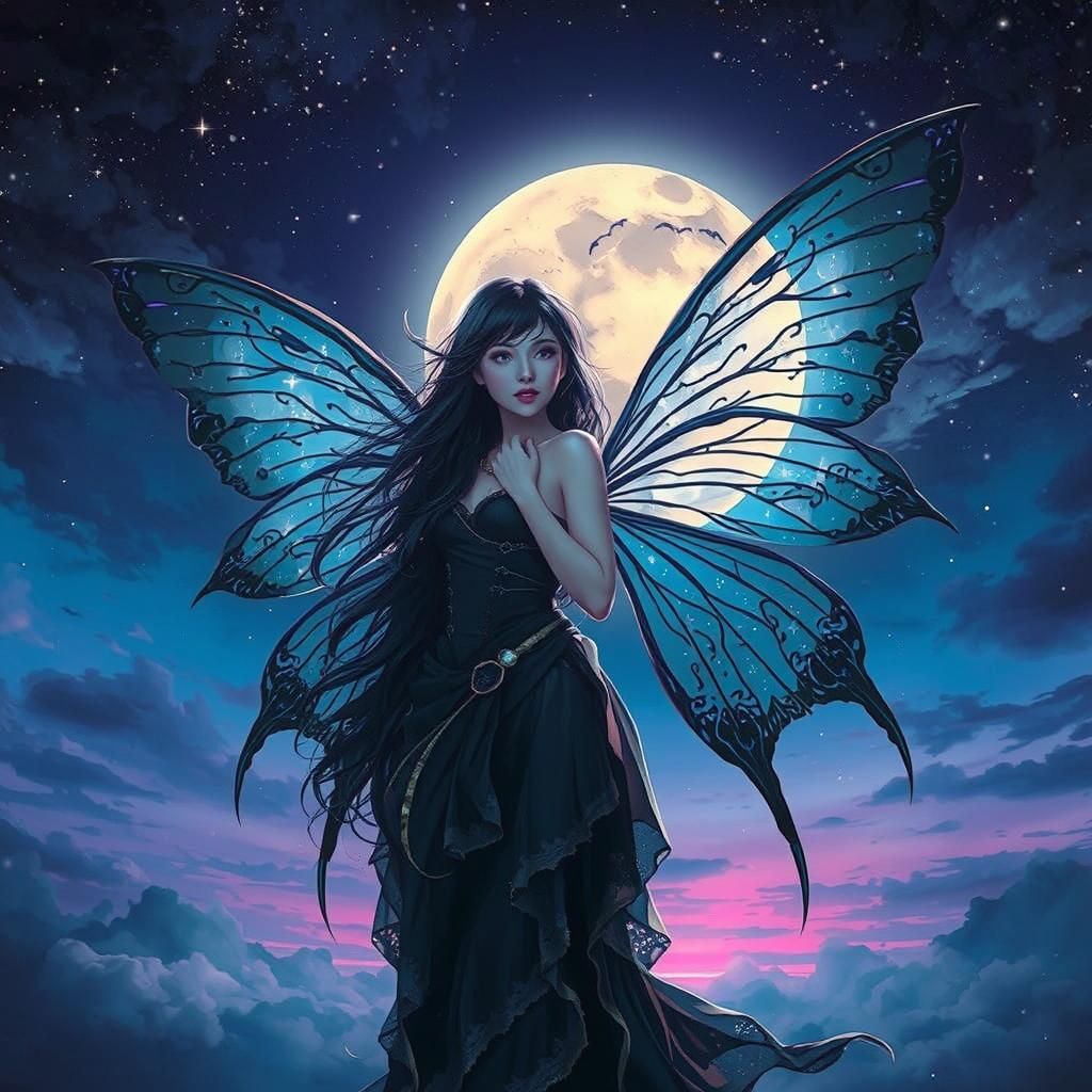 Ethereal Midnight Fairy in Moonlit Sky