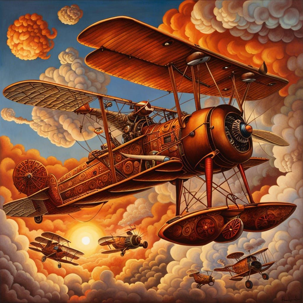 Hobbits vs Goblins Biplane Dogfight in Yerka Style