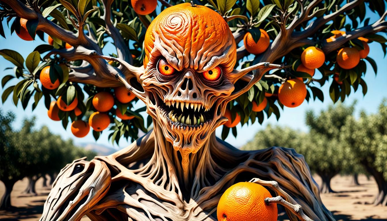Hyperrealistic Orange Tree Monster in Enchanted Forest