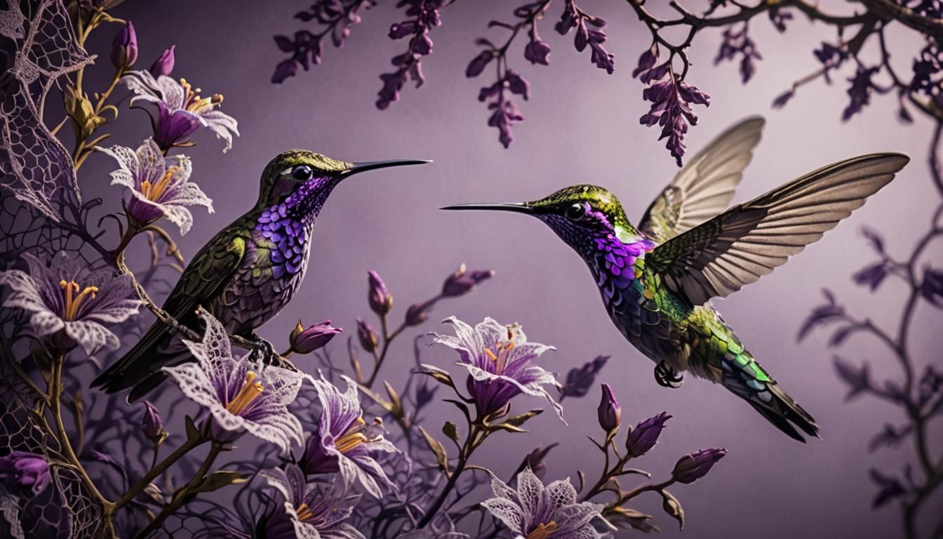 Purple Lace, Flowers, and Hummingbird Double Exposure