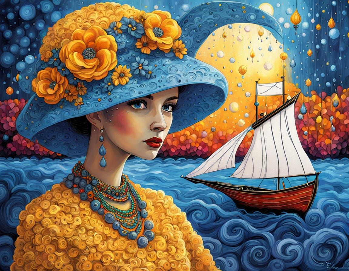 Steampunk Nefertiti on Moonlit Beach as Oil Painting