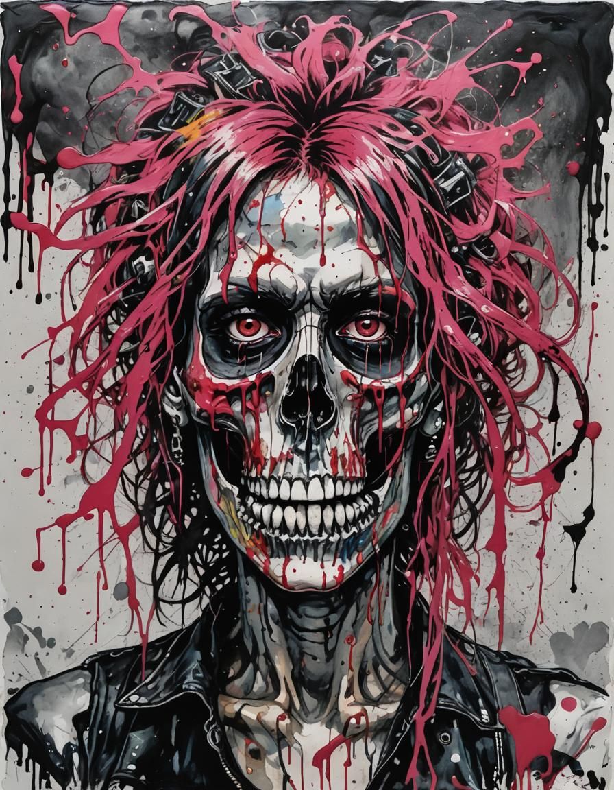 Skull-Faced Punk Rocker in Nakatani Suisenpo Ink Style