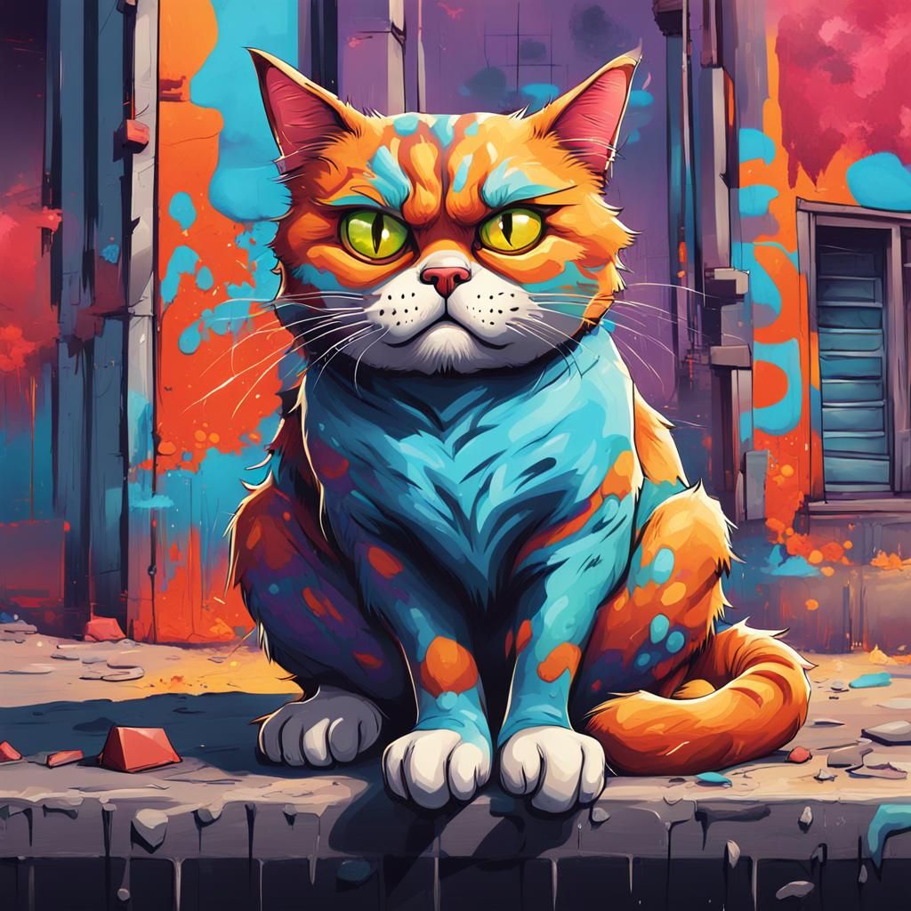Furious Cat Caricature Illustration in Graffiti Style