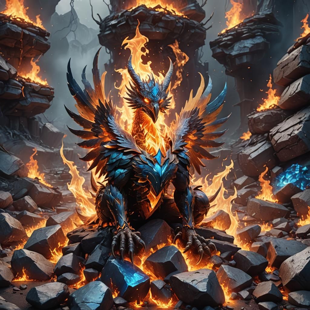 Fiery Phoenix in Gem, Detailed Fantasy Art