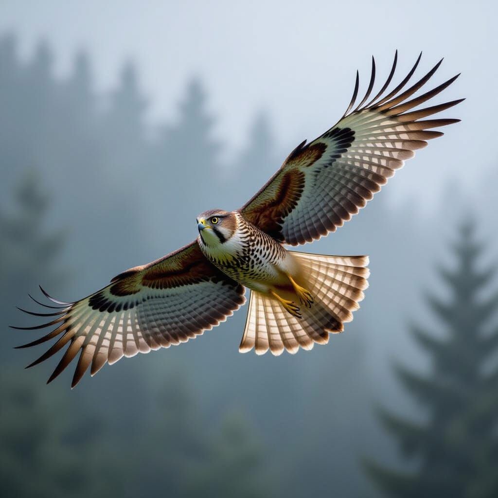 Sparrowhawk Soaring in Misty Sky, Wildlife Art