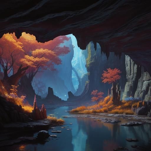 Hidden Cave in Detailed Matte Painting Style