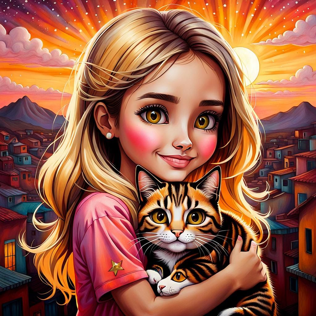Girl and Cat Portrait in Storybook Style