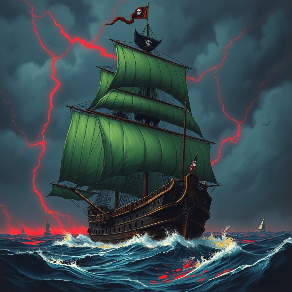 Pirate Ship Navigates Stormy Seas in Dramatic Digital Art