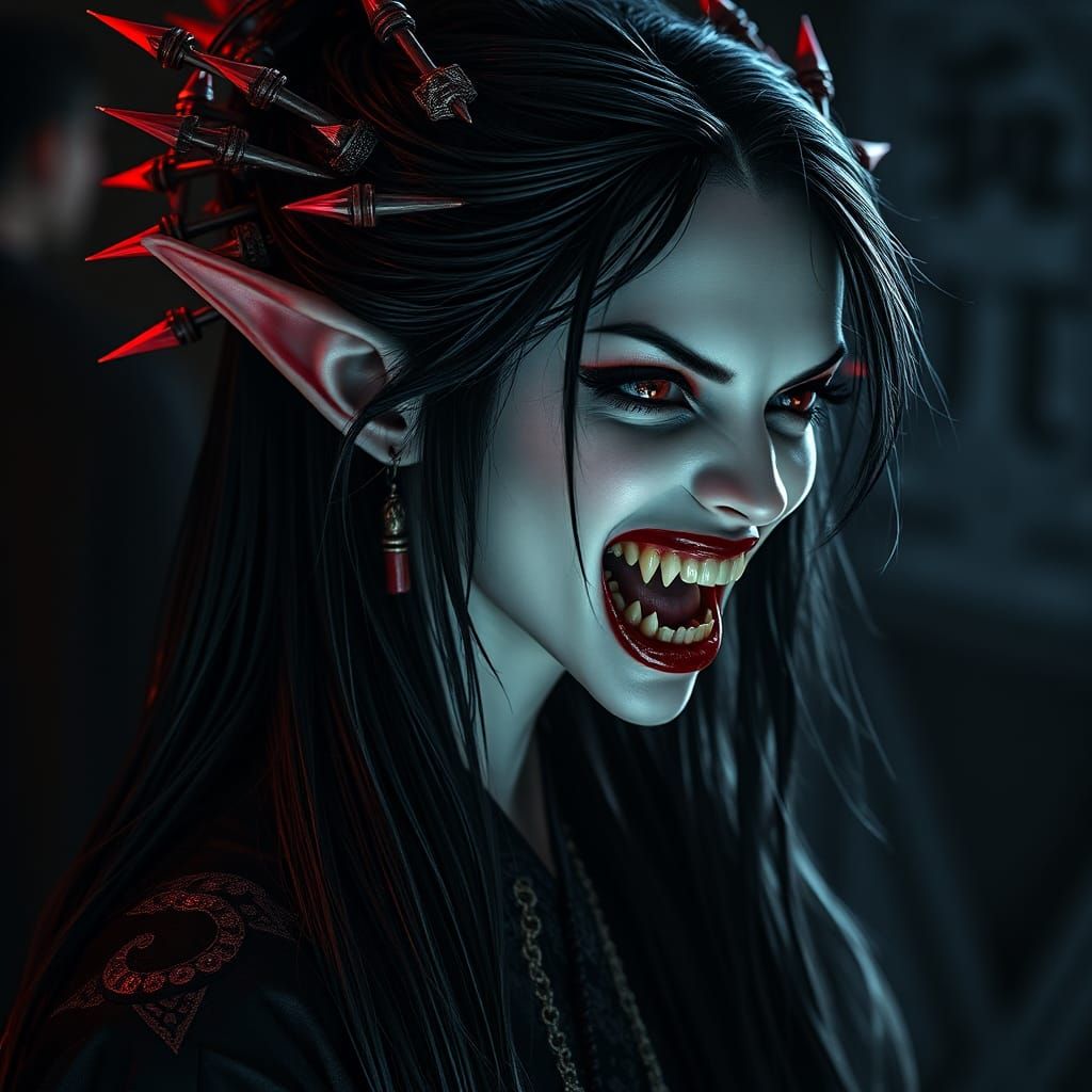 Geisha Vampire with Bloody Fangs in Gothic Horror Style