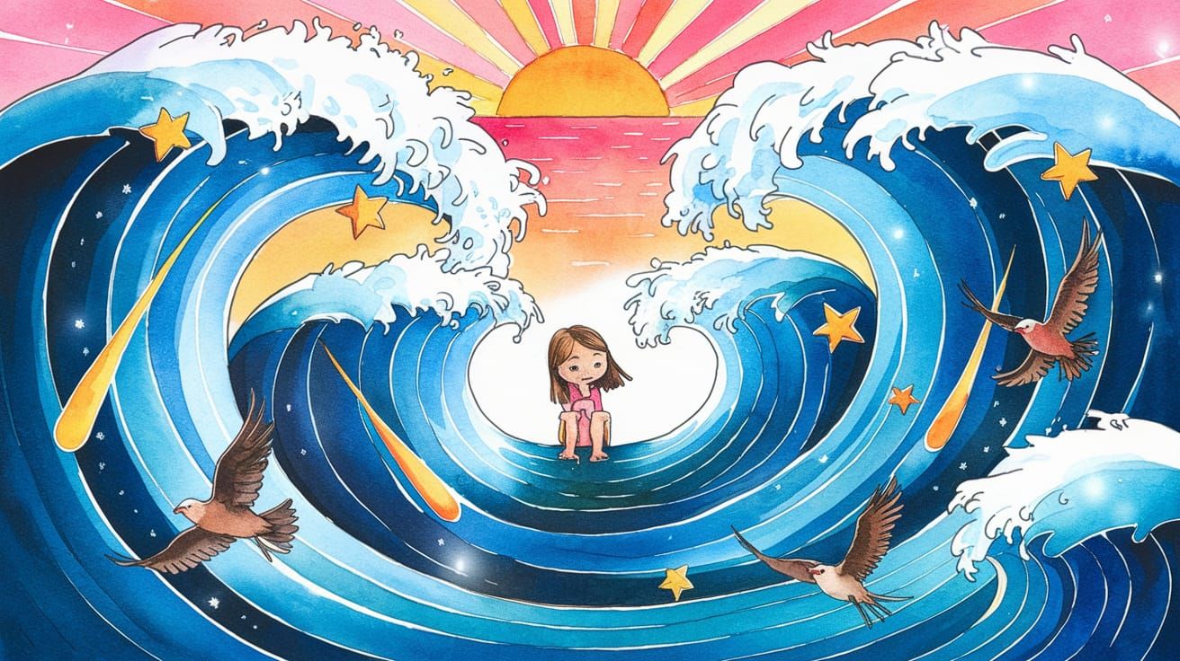Cartoon Girl Rides a Wave at Sunrise: Watercolor Art