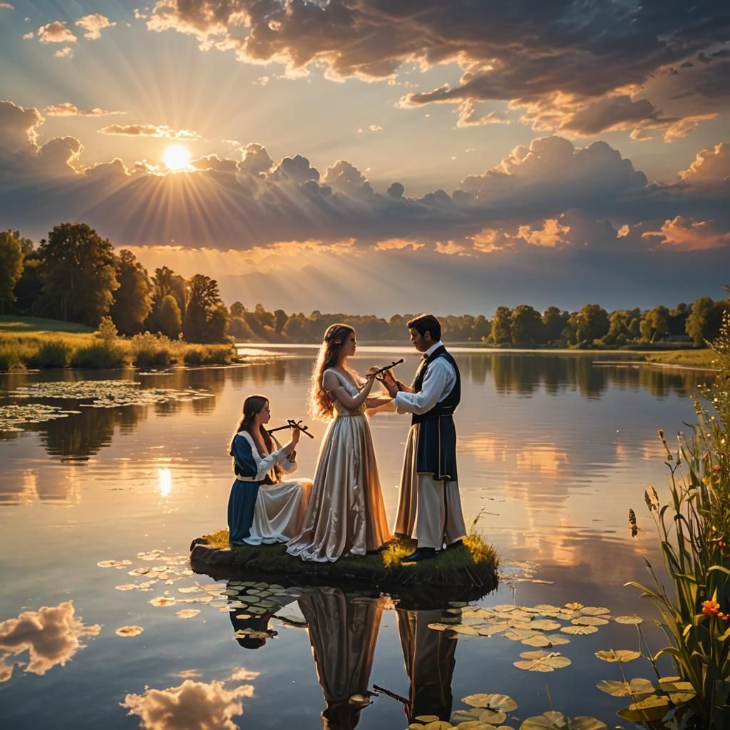 Sunset Lake Scene with Musicians