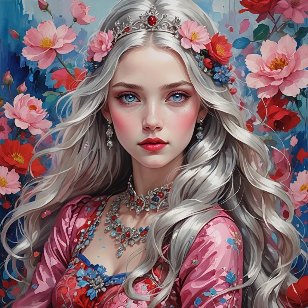 Silver-Haired Princess in Red Dress: Abstract Art