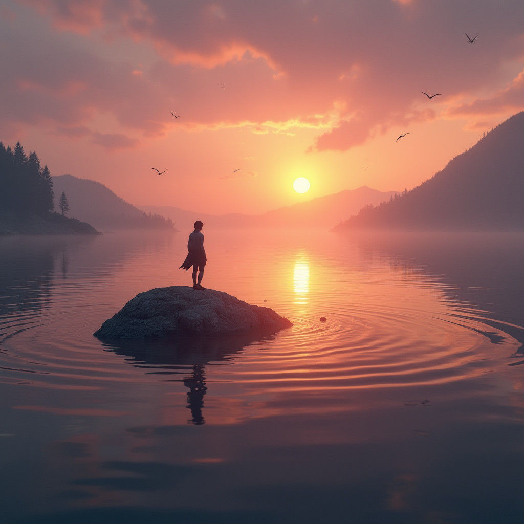 Serene Sunset Lake with Lone Figure, High-Resolution Render