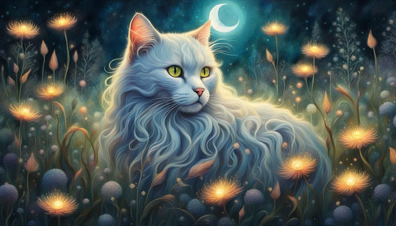 Spirit Cat in Moonlit Flower Meadow Watercolor