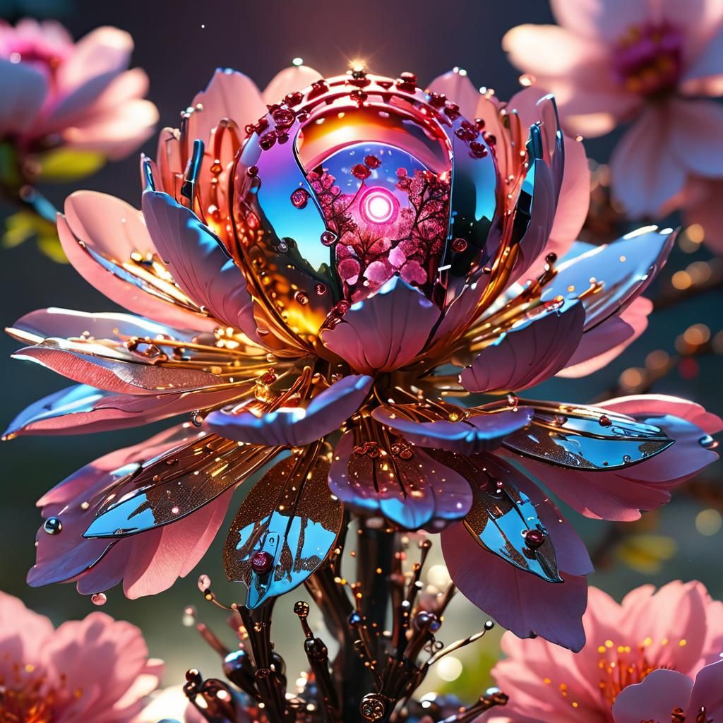 Cyborg Alien Cherry Blossoms with Glowing Lights