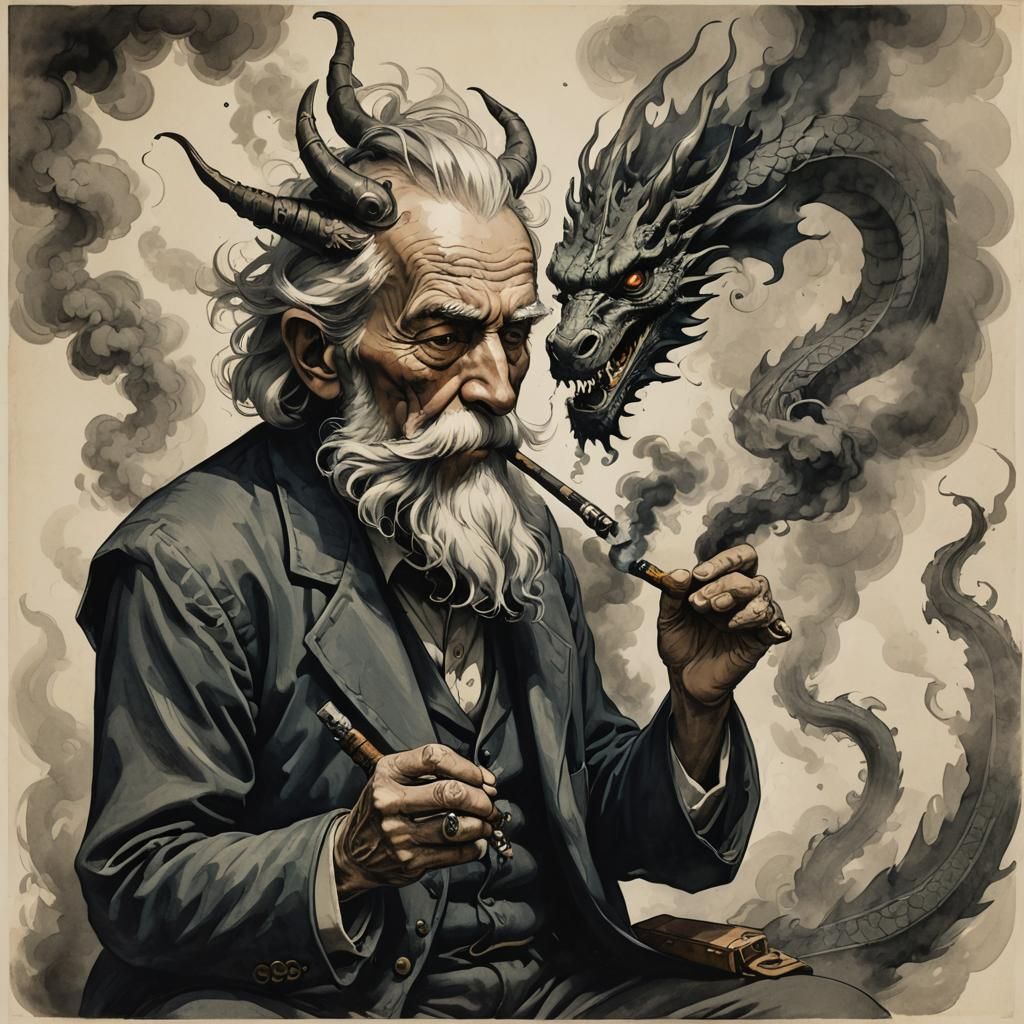 Old Man Smoking Pipe Creates Dragon Smoke