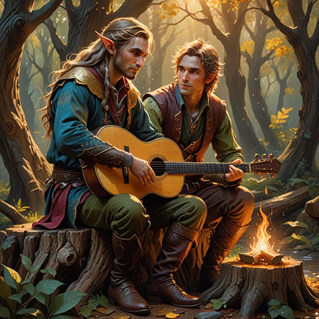 Elf and Bard: Vibrant Oil Painting in Triadic Colors