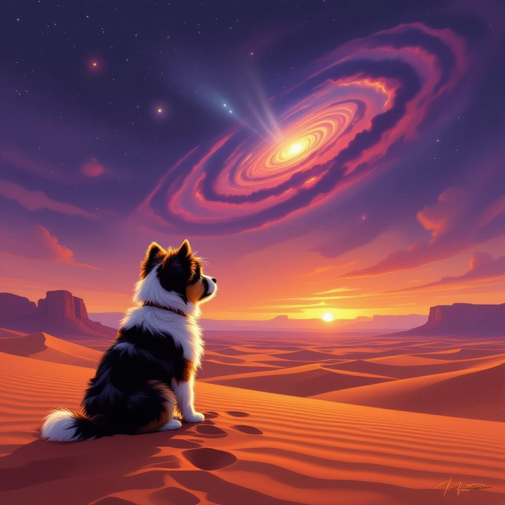 Encaustic Painting of Terrier Pup Gazing at Nebula