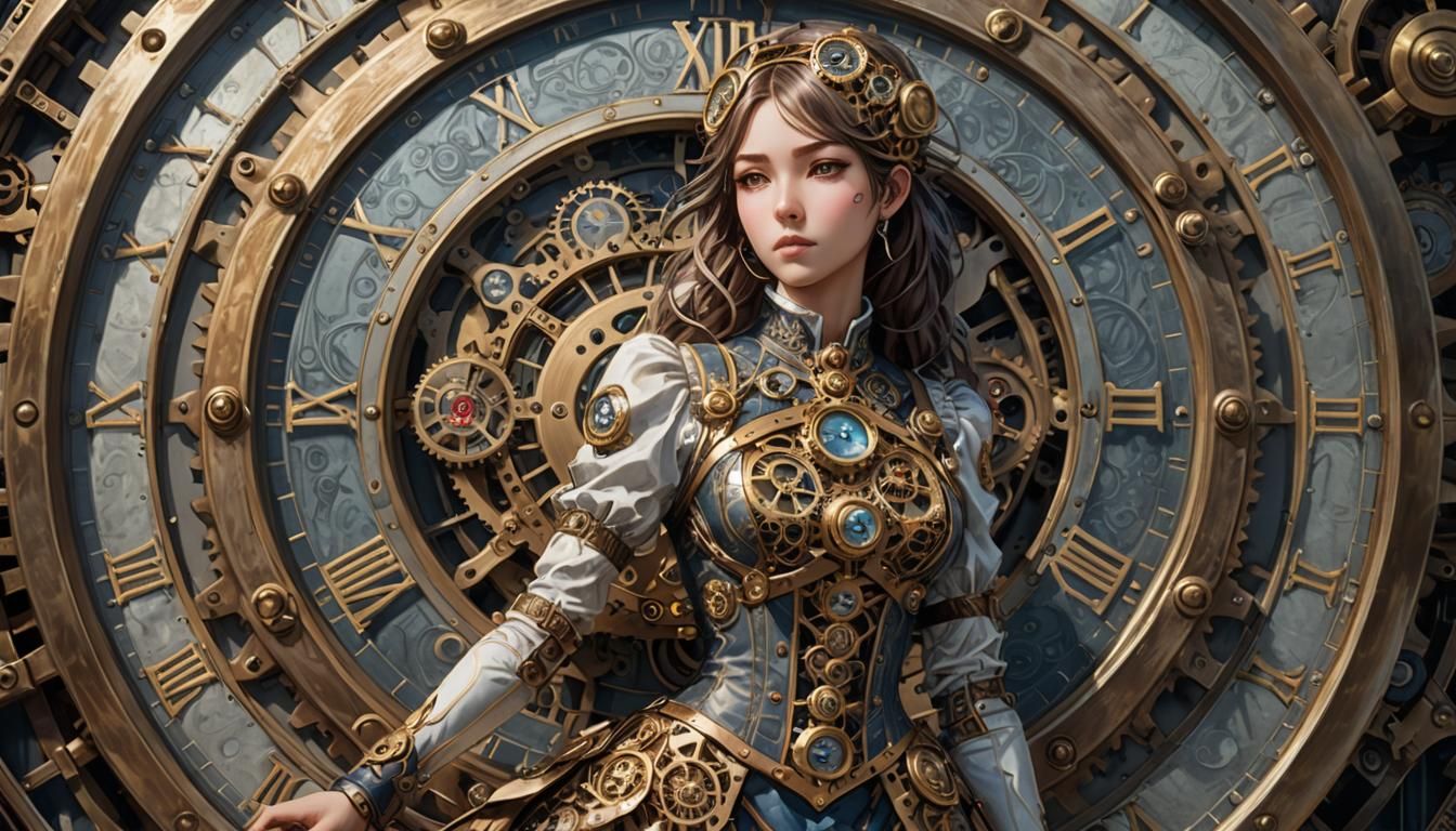 Steampunk Girl on Clock Dial, Anime Style
