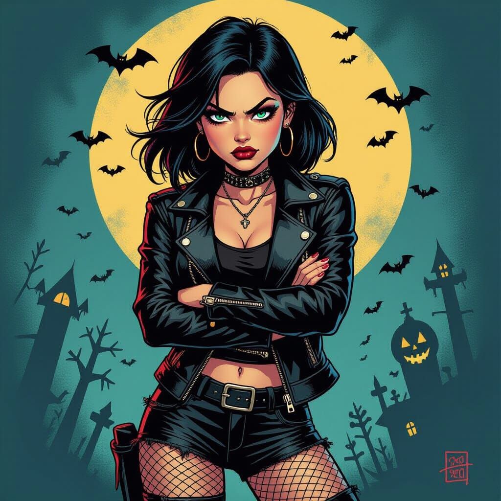 Grumpy Gothic Girl in Comic Book Style
