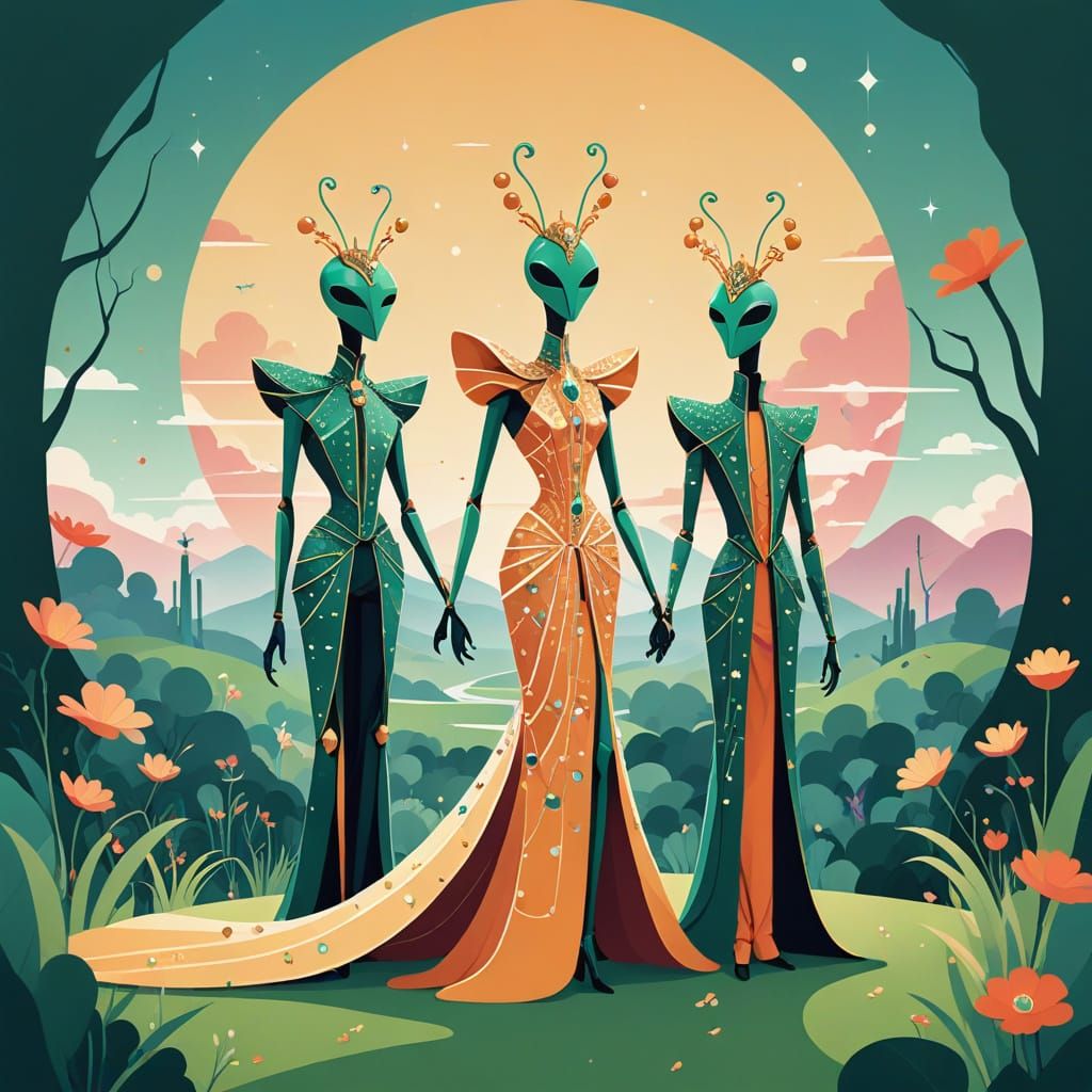 Whimsical Mantis Family in High Fashion Outfits