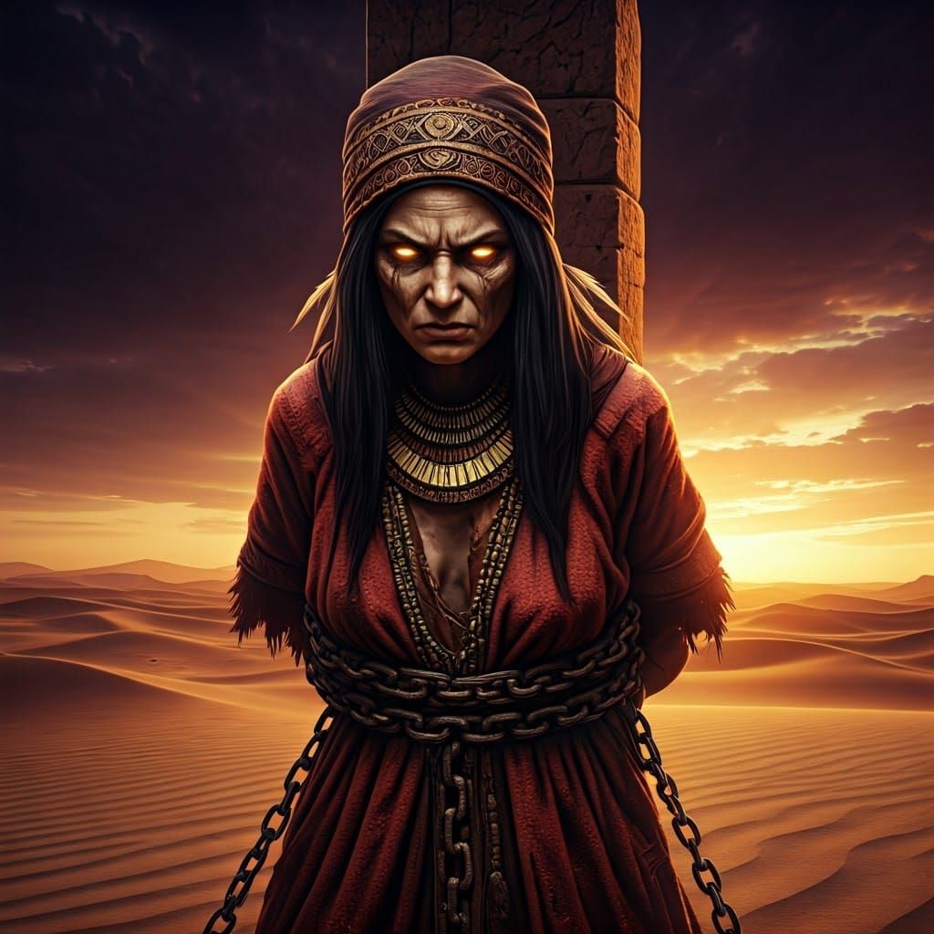 Angry woman bound by chains in the desert. 
What aspects of your self do you reject? How have you hindered your own grow...