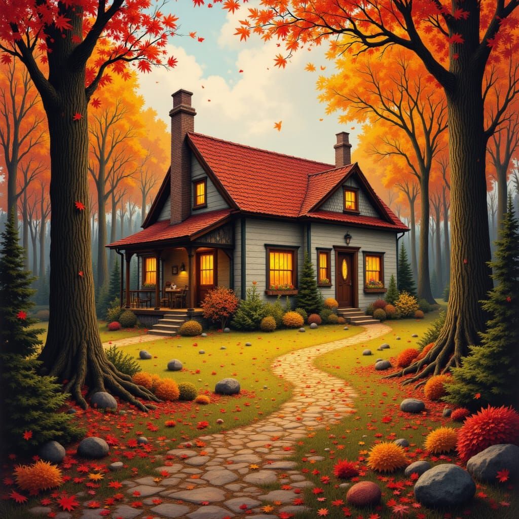 Cozy Autumn Cottage with Red Roof in Painterly Style