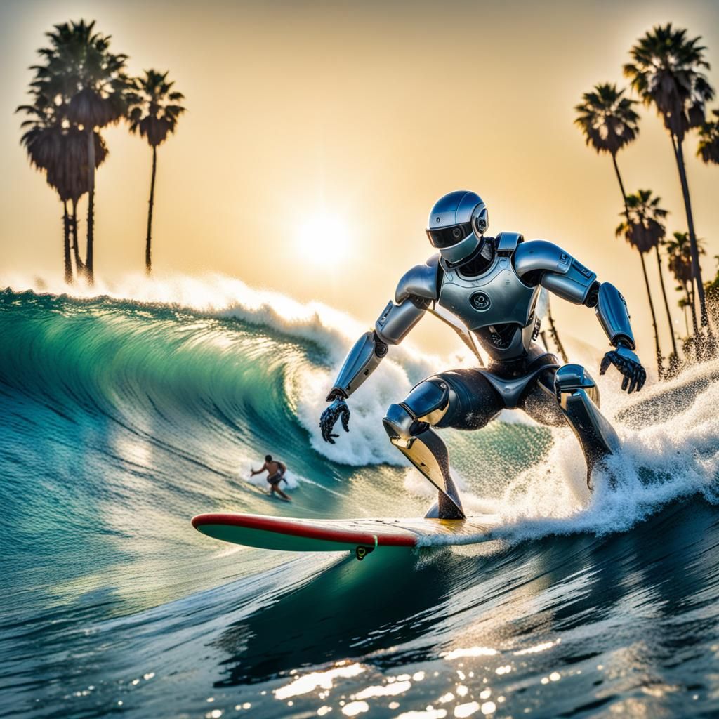Robots in Love Surfing a California Wave