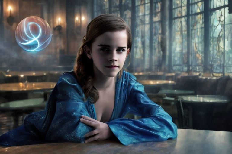 Water Sorceress Conjuring Magic in a Cafe