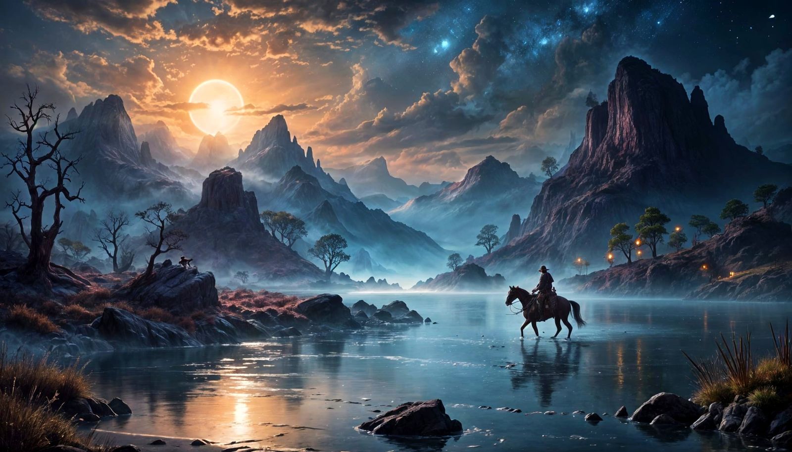 Mystical Cowboy Rides Under Starry Night Sky