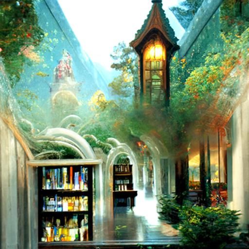 Ethereal Fantasy Library Scene in Kinkade Style