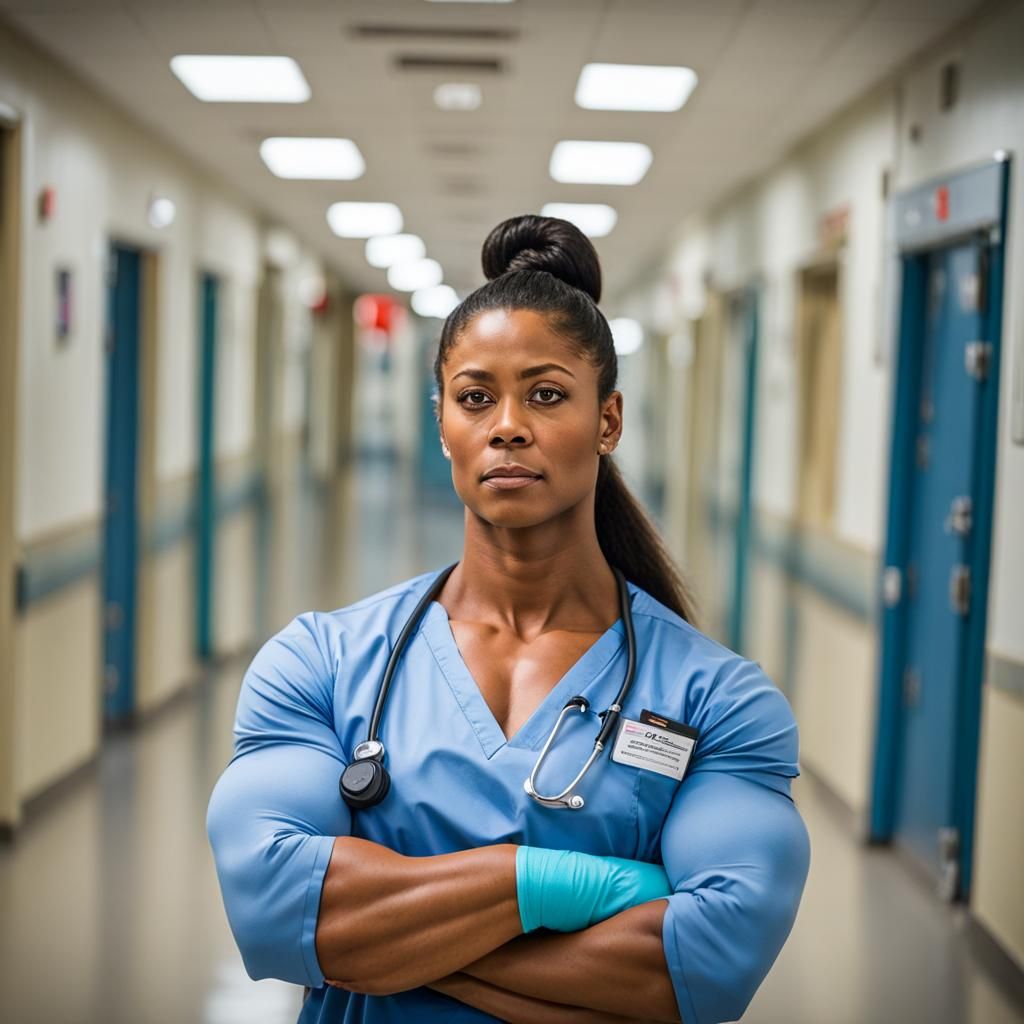 Beautiful Muscular Nurse in Hospital Corridor