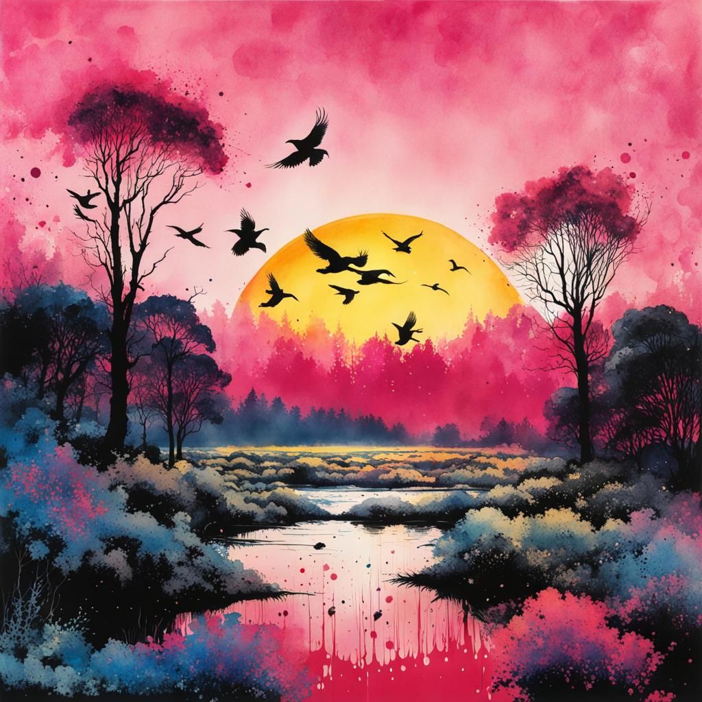 Sun and Birds Landscape in Watercolor Ink