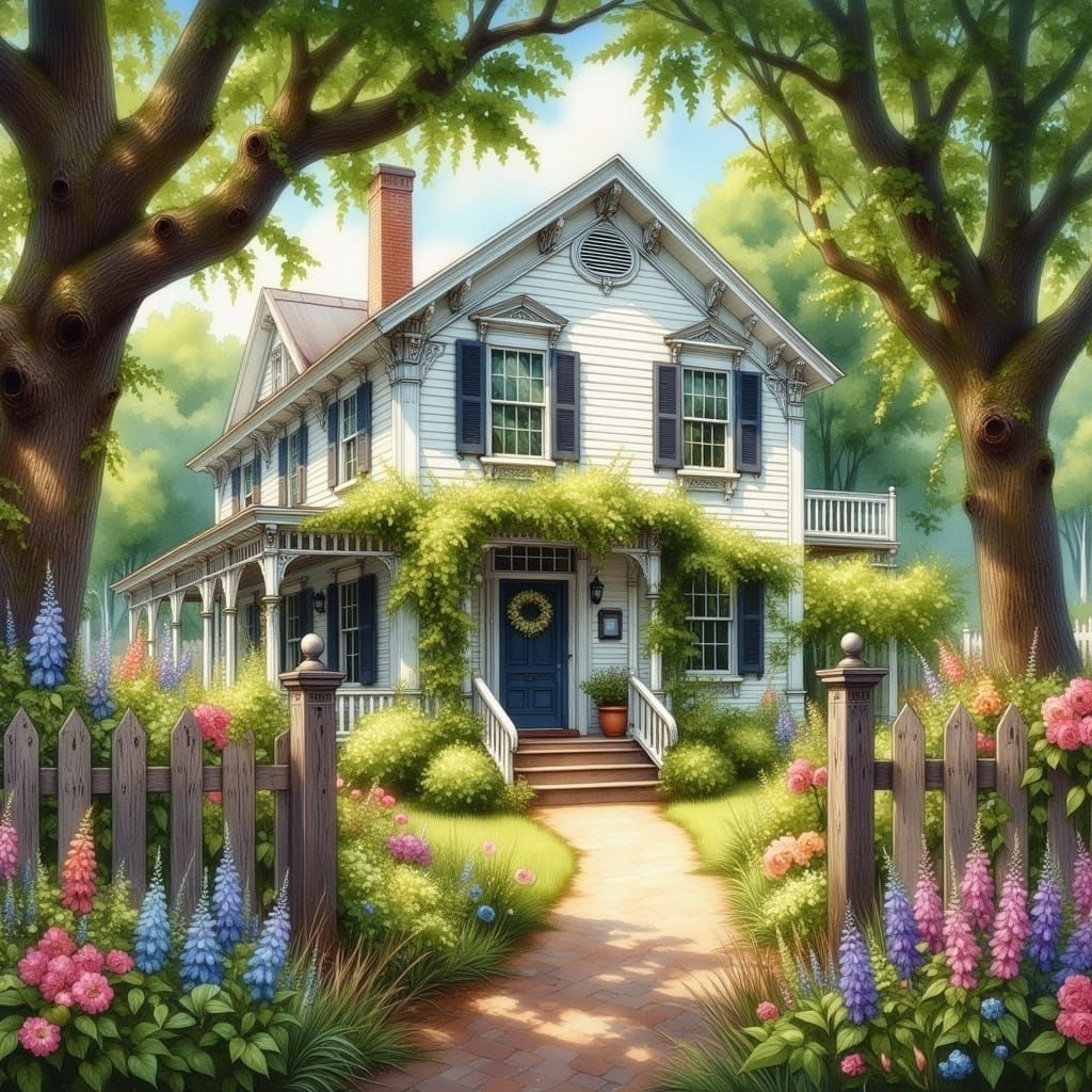 Idyllic 1800s House with Flowers in Watercolor Style
