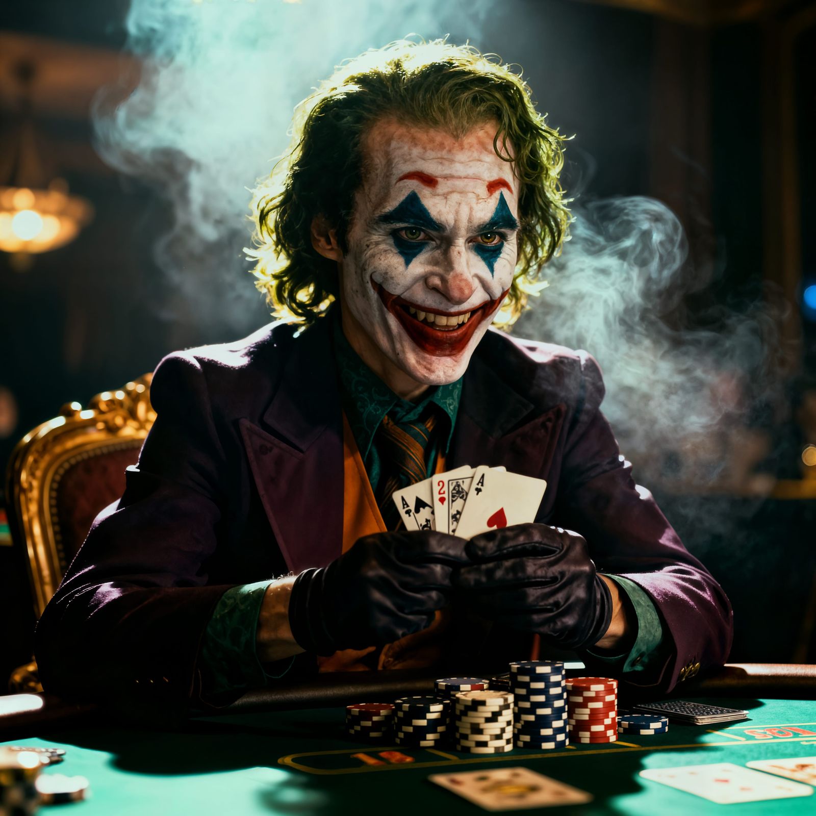 Joker Smiling While Playing Poker in Realistic Casino Portra...