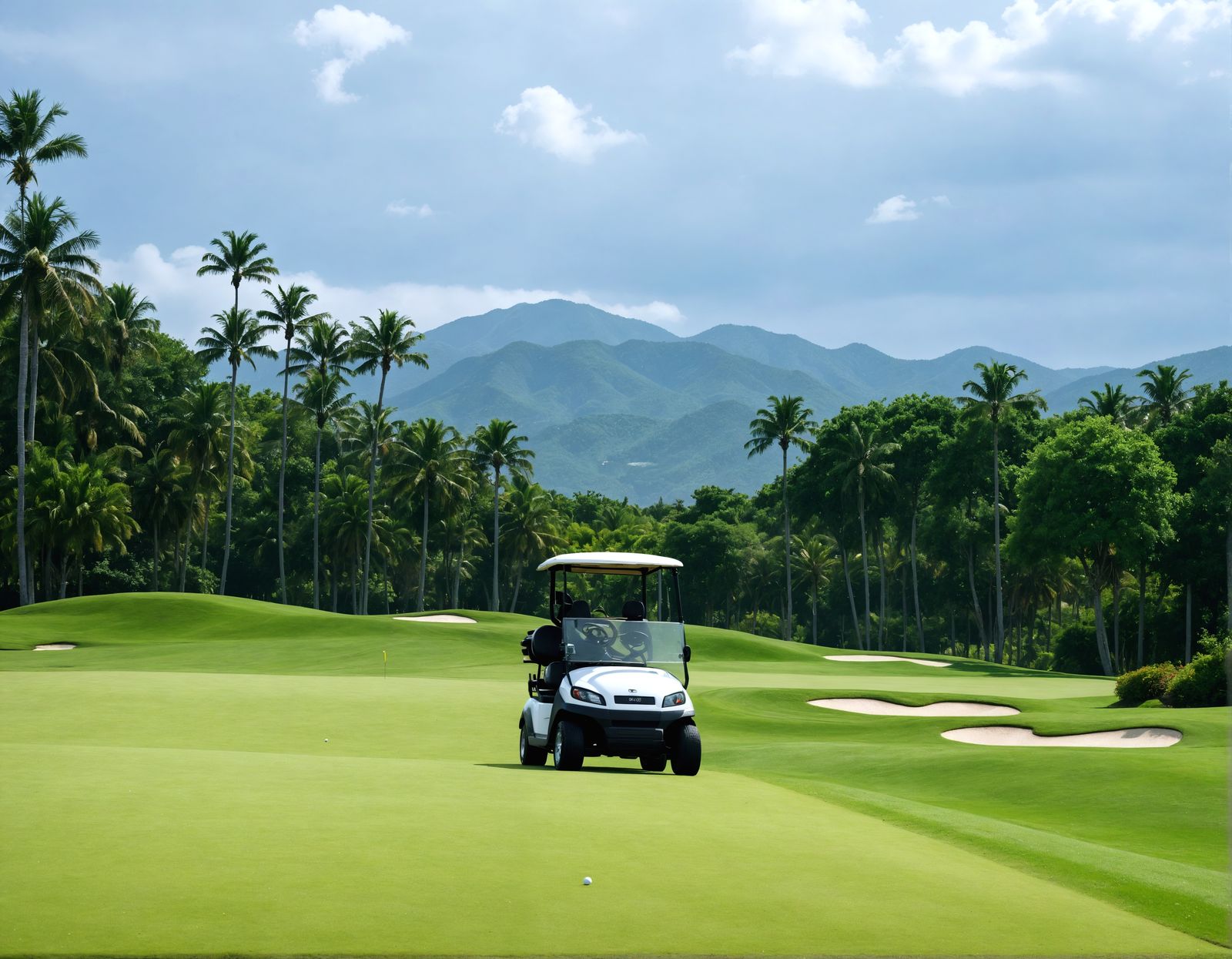Golf Cart on a Lush Green Golf Course in Hyperrealistic HDR
