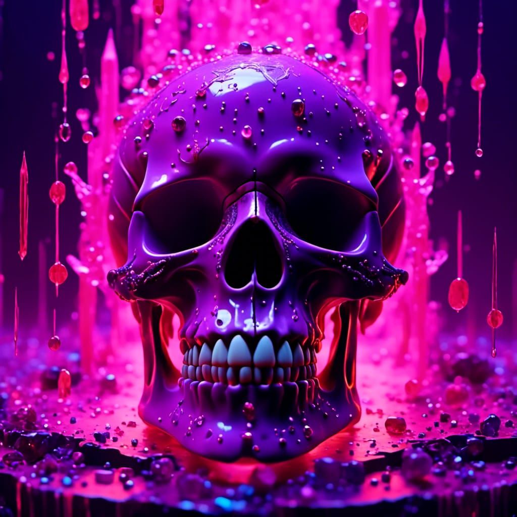 Neon Pink Skull Dripping Purple Liquid with Crystals