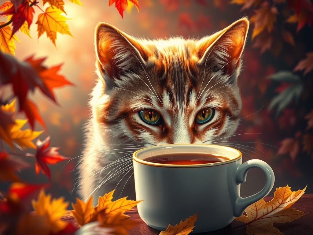 Cat Gazing at Coffee Cup in Autumn Concept Art