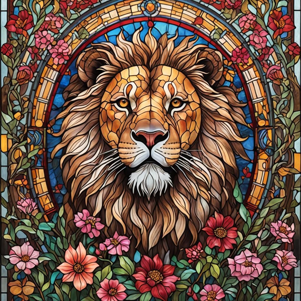 Stained-Glass Lion in Floral Fantasy, Hyperrealistic Style