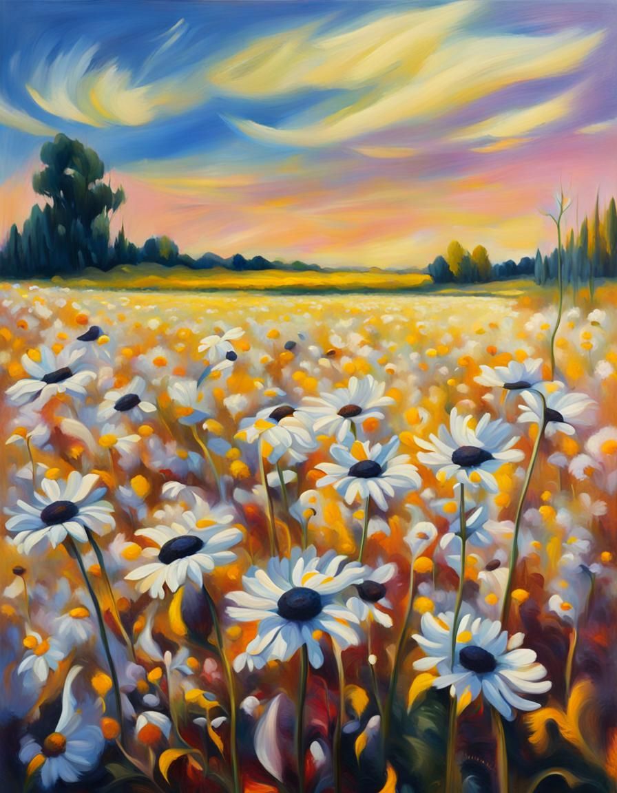 Surrealistic Daisy Field in Vibrant Oil on Canvas