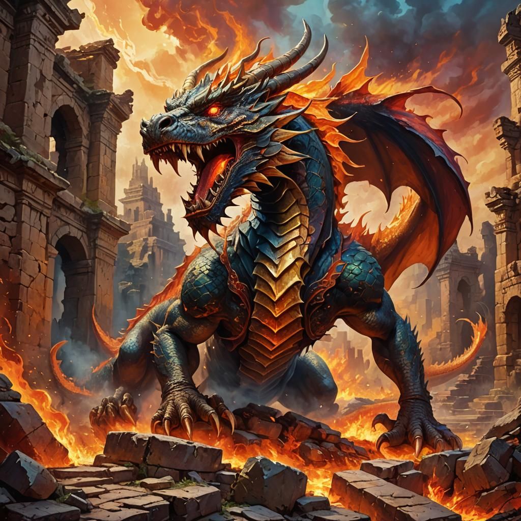 Mythical Dragon Unleashes Fiery Breath: Vibrant Oil Painting