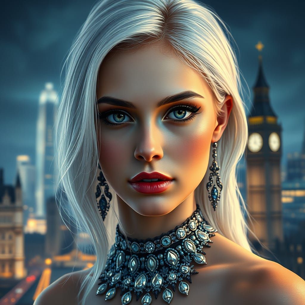 Oil Painting of Woman in London with Diamond Necklace