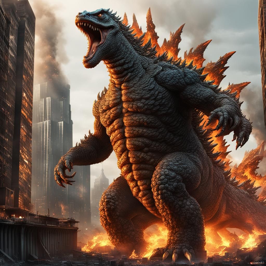 Godzilla Wreaks Havoc on Burning City: Detailed Matte Painti...
